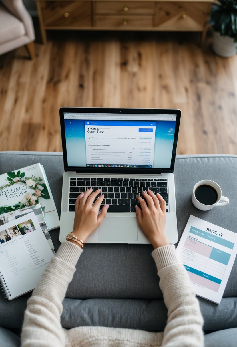 A cozy living room with a laptop open to Google Forms, surrounded by wedding magazines, a budget planner, and a cup of coffee