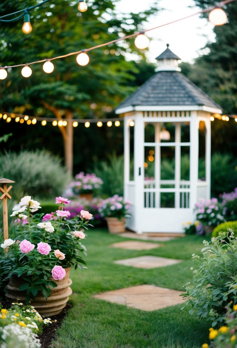 A cozy garden with string lights, blooming flowers, and a small gazebo, perfect for an intimate outdoor wedding