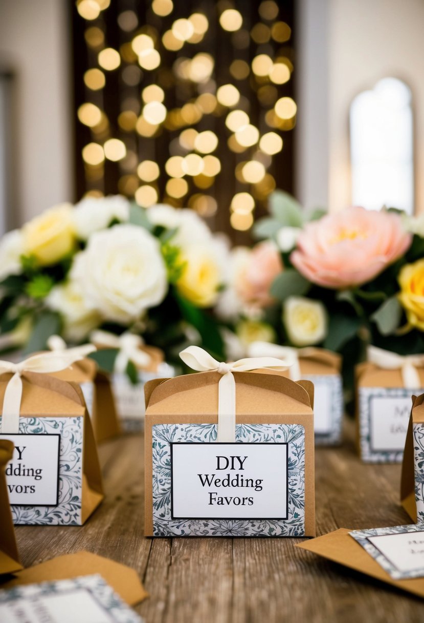 A table adorned with DIY wedding favors, surrounded by handmade decorations and personalized touches