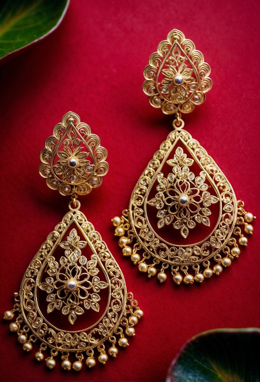 Two ornate filigree gold earrings against a vibrant red background, inspired by traditional Indian wedding jewelry