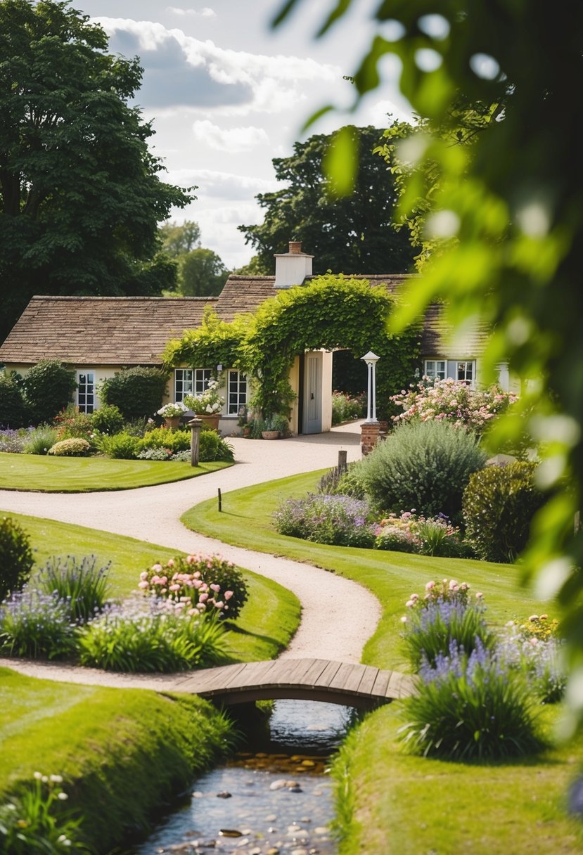 A quaint countryside venue with a winding path leading to the entrance, surrounded by lush greenery and blooming flowers. A small bridge crosses over a gentle stream, adding to the charm and accessibility of the location