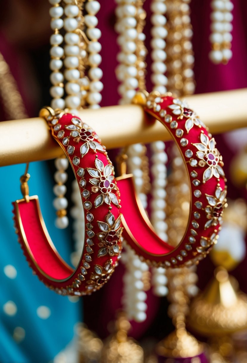 A pair of vibrant red Meenakari hoop earrings adorned with intricate Indian wedding designs, set against a backdrop of traditional wedding elements