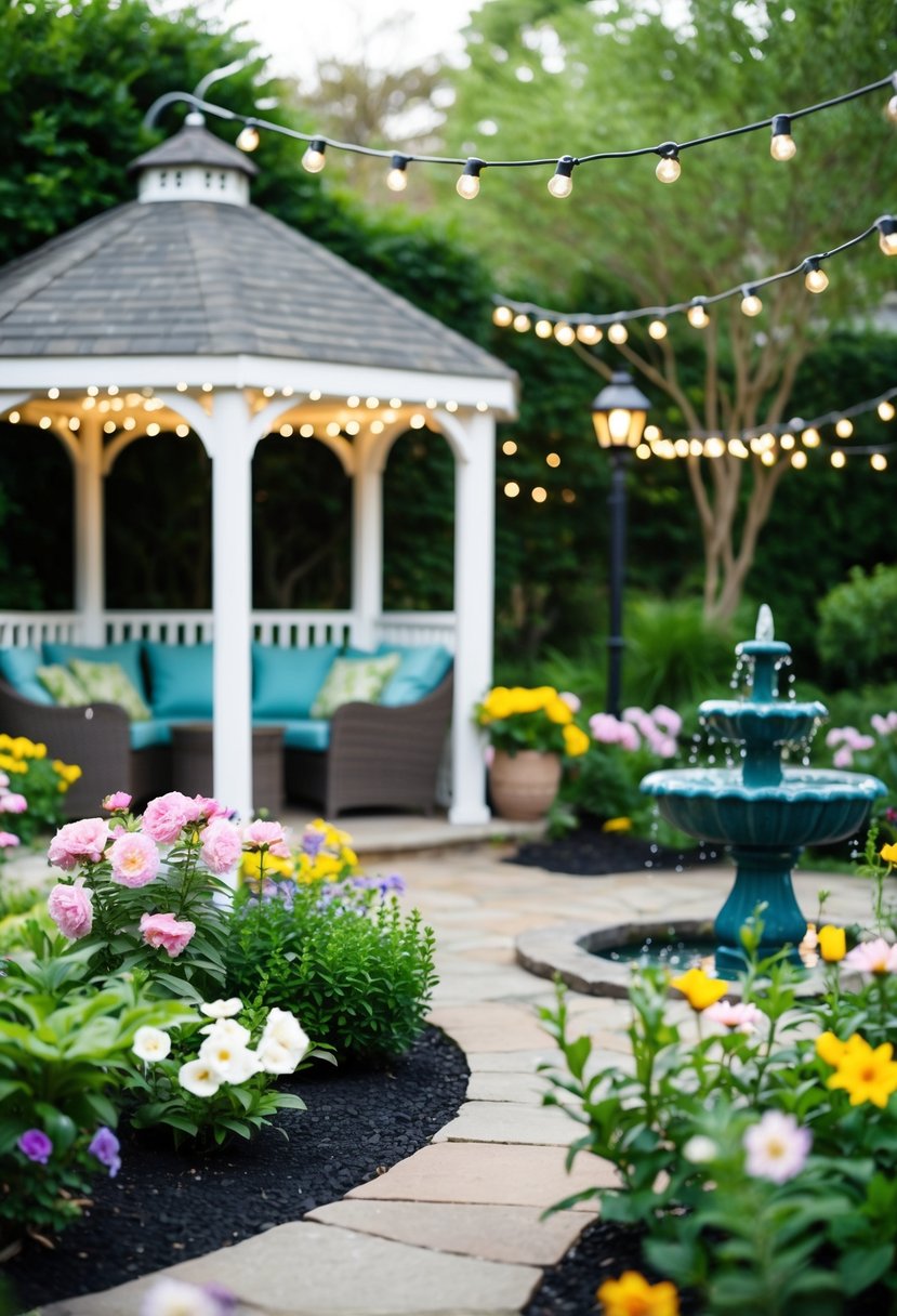 A cozy outdoor garden with a gazebo and seating area, surrounded by blooming flowers and twinkling string lights. A small fountain adds a peaceful ambiance