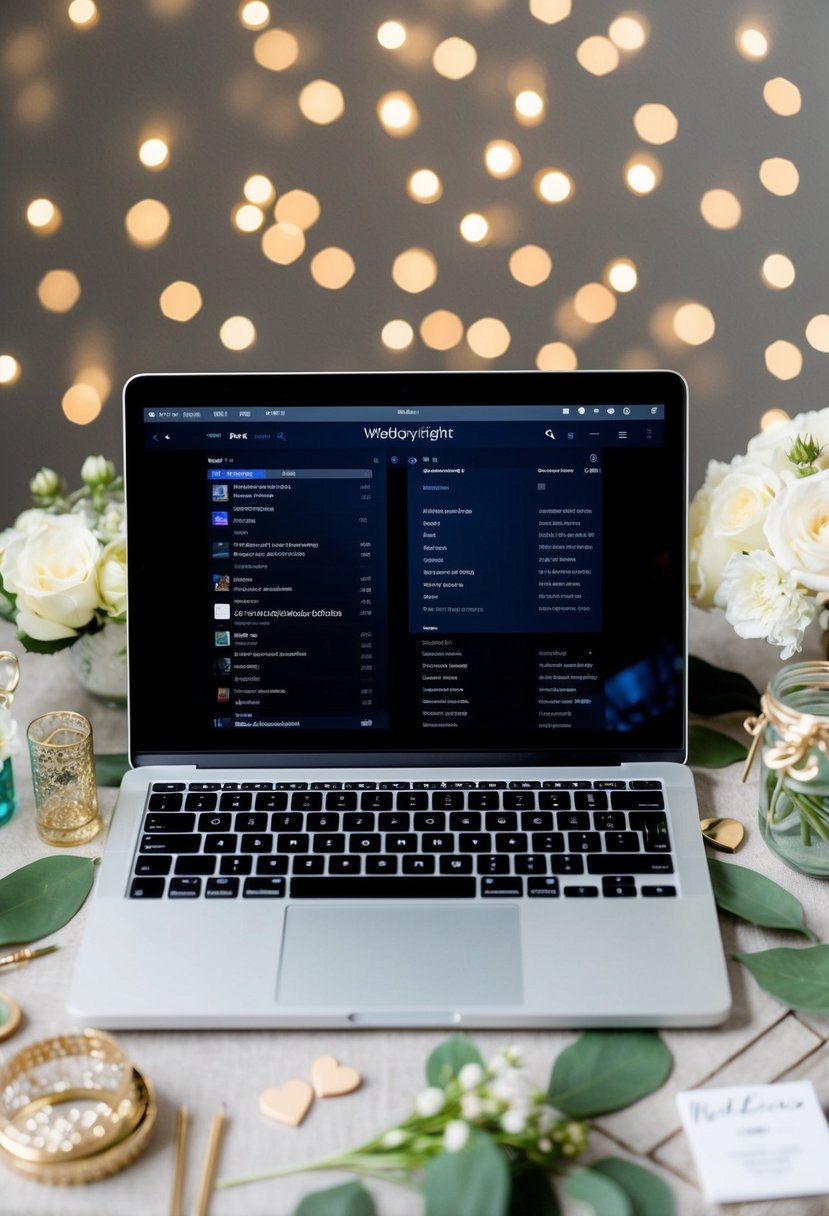 A laptop with a digital playlist displayed on the screen, surrounded by wedding decor and budget-friendly DIY items