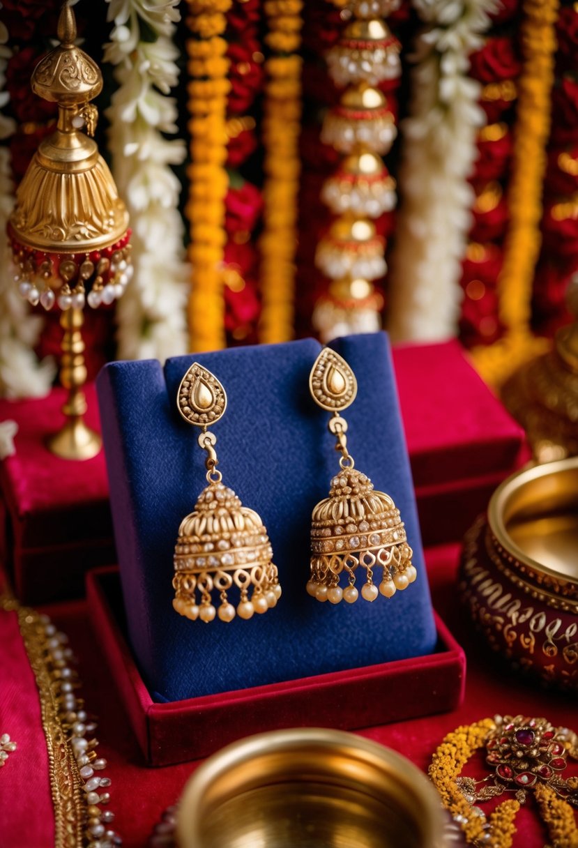 Two antique gold drop earrings on a velvet display, surrounded by vibrant red and gold Indian wedding decor