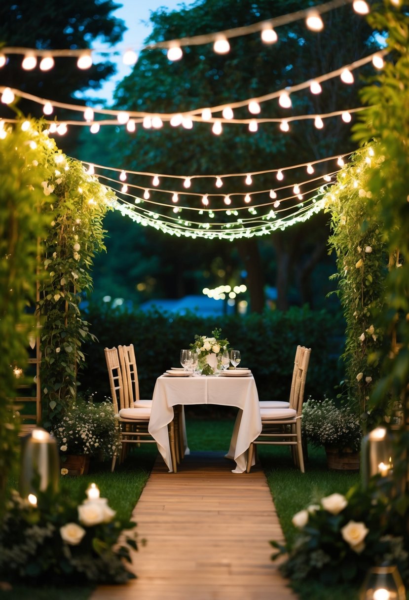 A cozy, intimate setting with a small wedding setup, surrounded by lush greenery and twinkling lights, creating a romantic and charming atmosphere