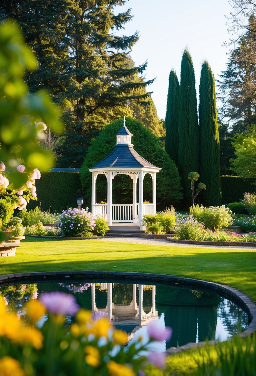 A quaint, sunlit garden with a gazebo and blooming flowers, surrounded by tall trees and a serene pond