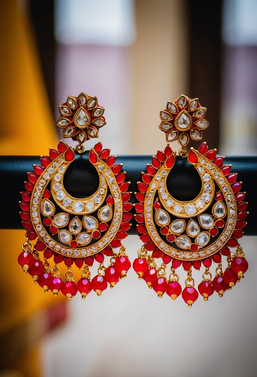 A pair of paisley-shaped Polki earrings in a vibrant red color, adorned with intricate Indian wedding designs