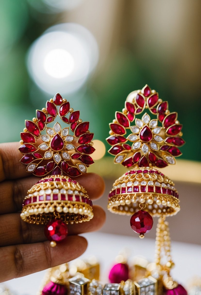 A pair of intricate red Kundan earrings with a delicate flower motif, perfect for an Indian wedding