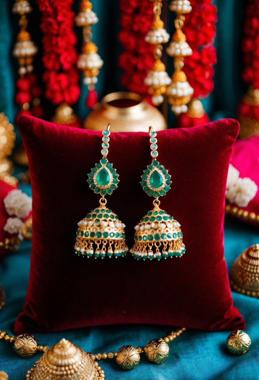 A pair of emerald-studded jhumkas dangle from a velvet cushion, surrounded by vibrant red and gold Indian wedding decor