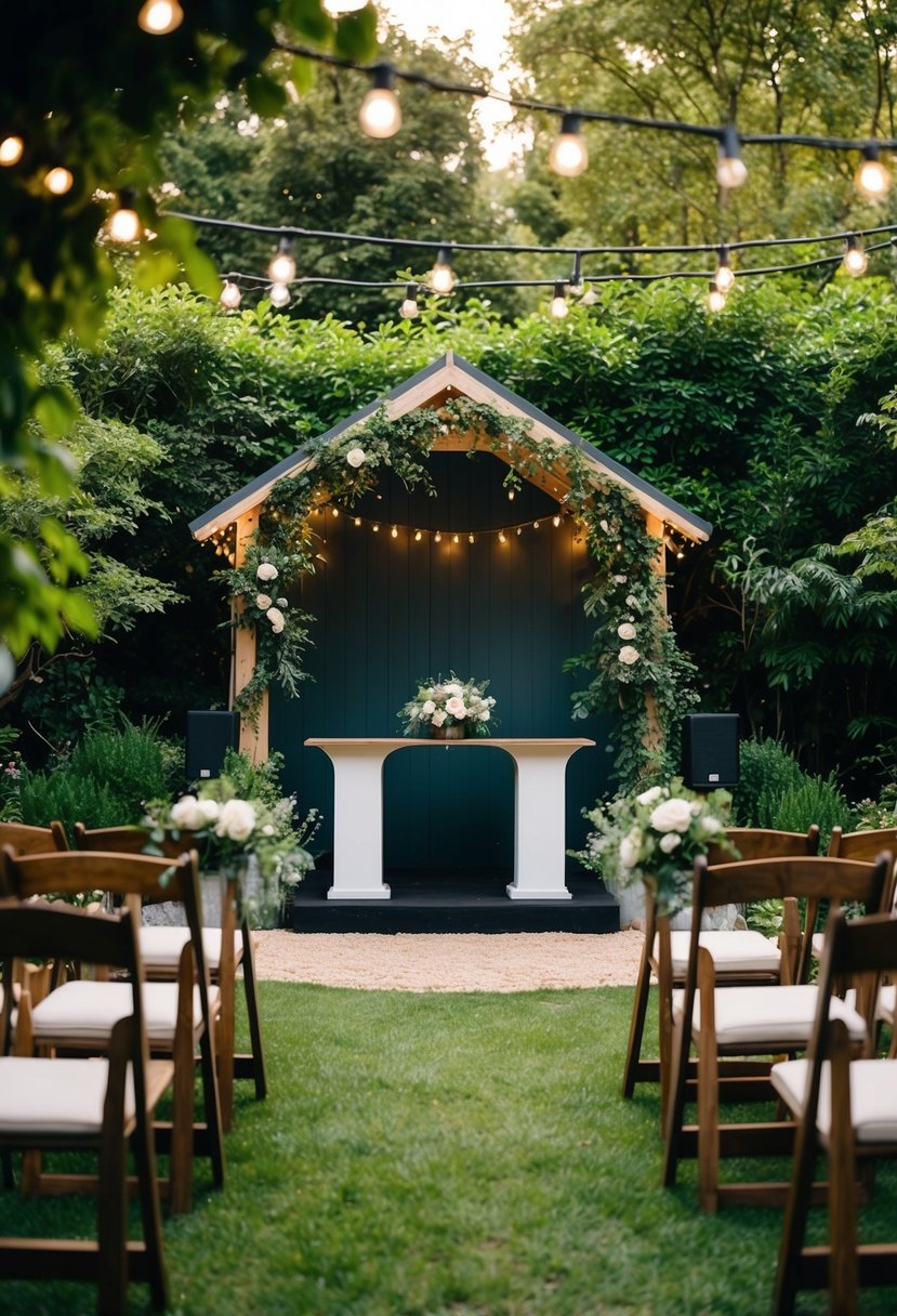 A cozy garden with a small stage, surrounded by lush greenery and twinkling lights, perfect for intimate speeches and live music at a small wedding