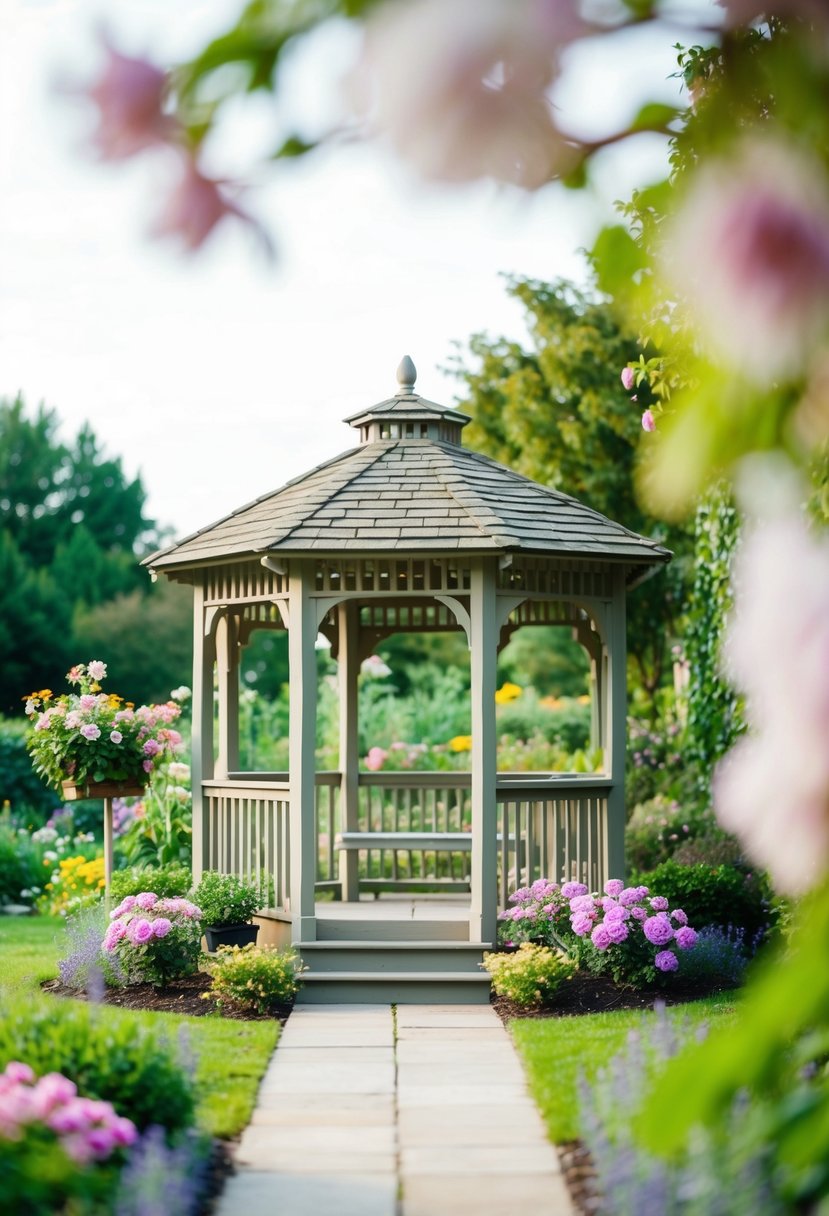 A cozy outdoor garden with soft, natural lighting and a charming gazebo surrounded by blooming flowers