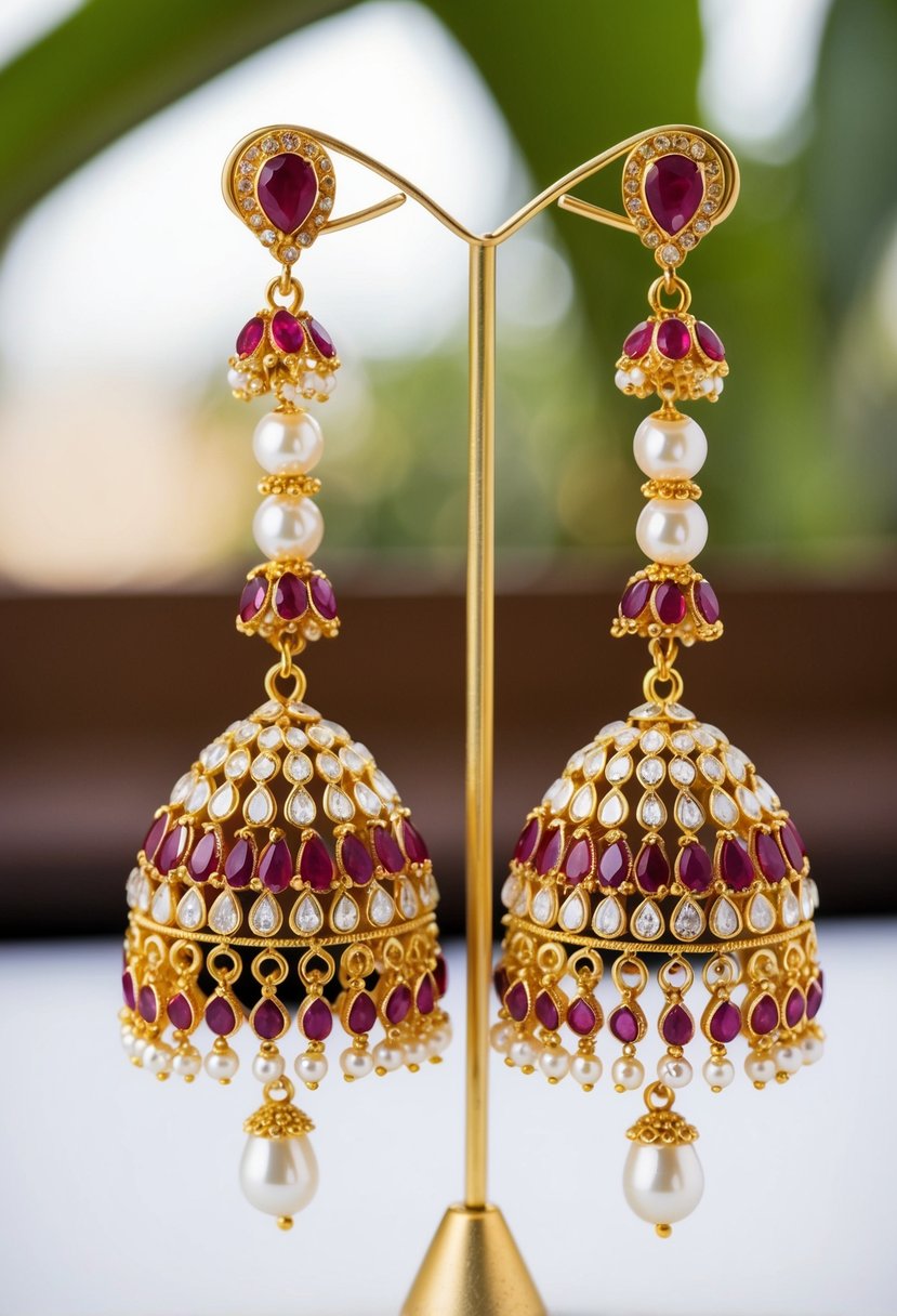 Two elegant red and white pearl and ruby danglers, inspired by Indian wedding jewelry, hanging from a golden earring stand