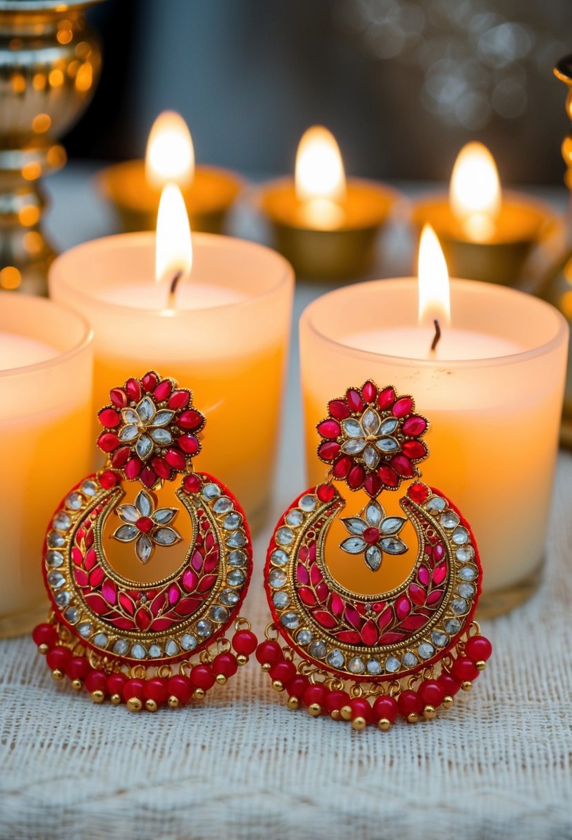 A pair of vibrant red Gota Patti earrings, adorned with intricate Indian wedding designs, shimmering under the soft glow of candlelight