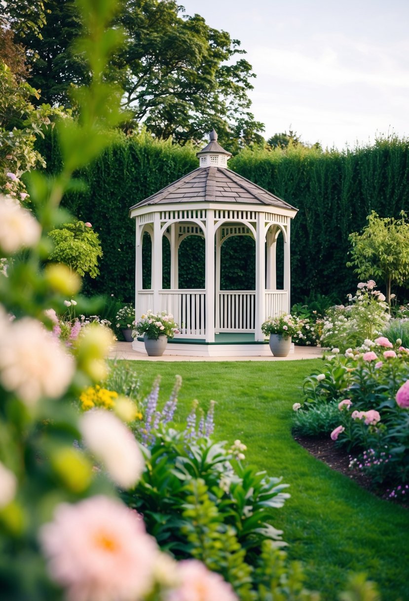 A serene garden with a gazebo, surrounded by blooming flowers and lush greenery, providing an intimate and romantic setting for a small wedding