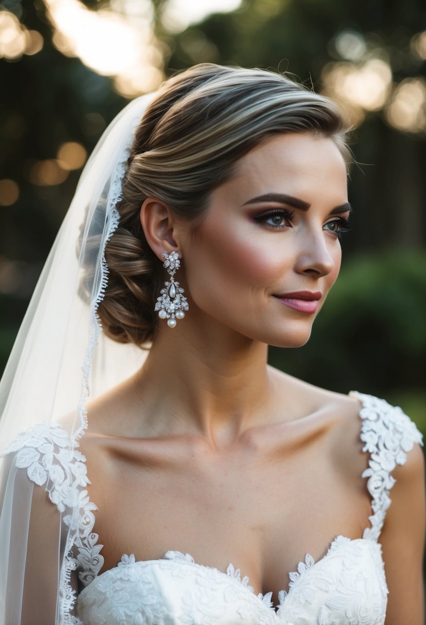 A bride in a square neck wedding dress with elegant earrings