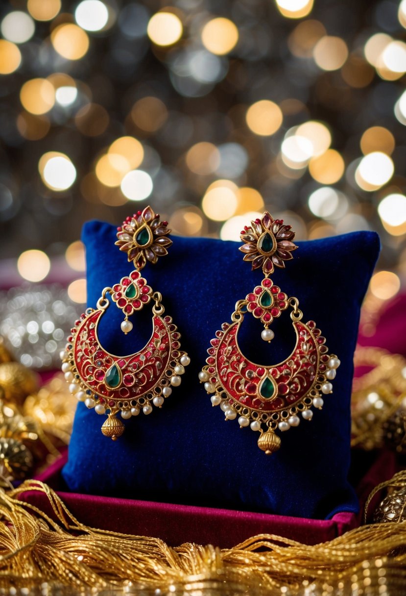 A pair of elaborate red Zardozi work earrings displayed on a velvet cushion, surrounded by shimmering gold and silver thread