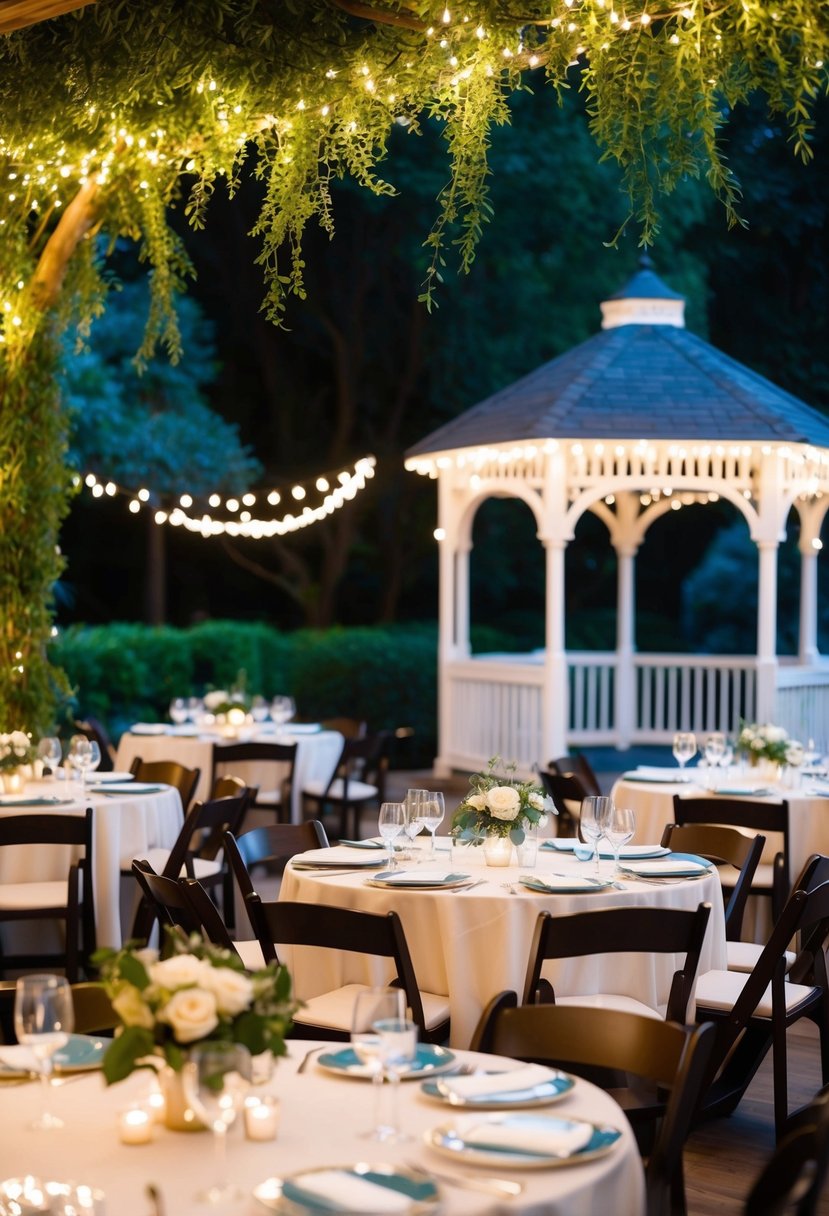 A cozy indoor space with elegant decor, surrounded by lush greenery and twinkling lights. Tables set with fine linens and sparkling glassware, a charming gazebo in the background