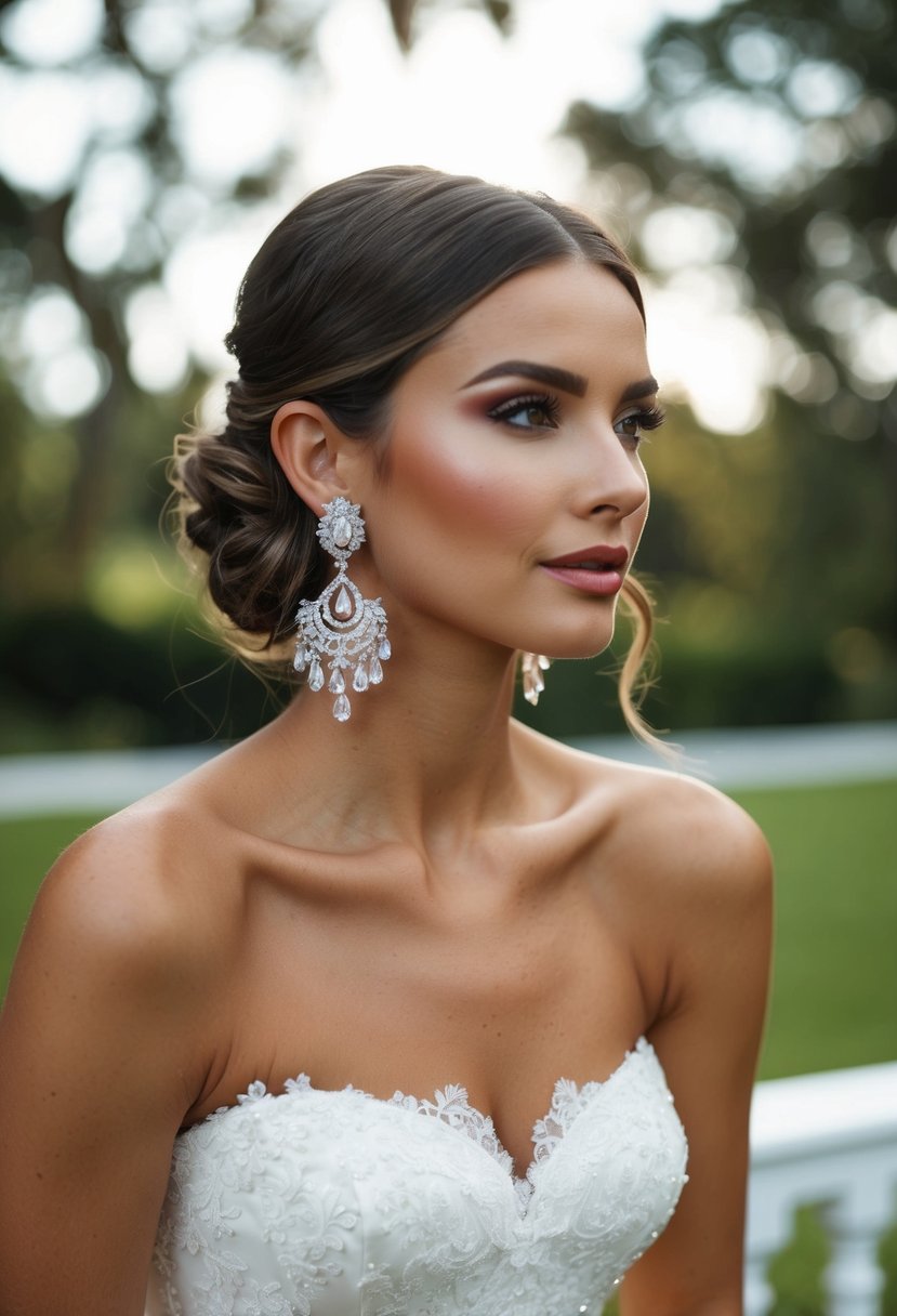 A square-neck wedding dress adorned with chandelier earrings for a glamorous touch