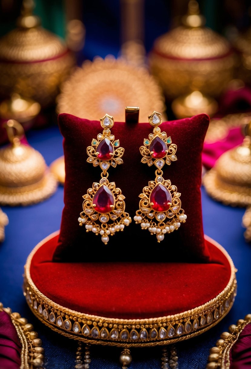 A pair of Navratna stone earrings, featuring vibrant red gemstones and intricate gold detailing, are displayed on a velvet cushion, surrounded by traditional Indian wedding decor