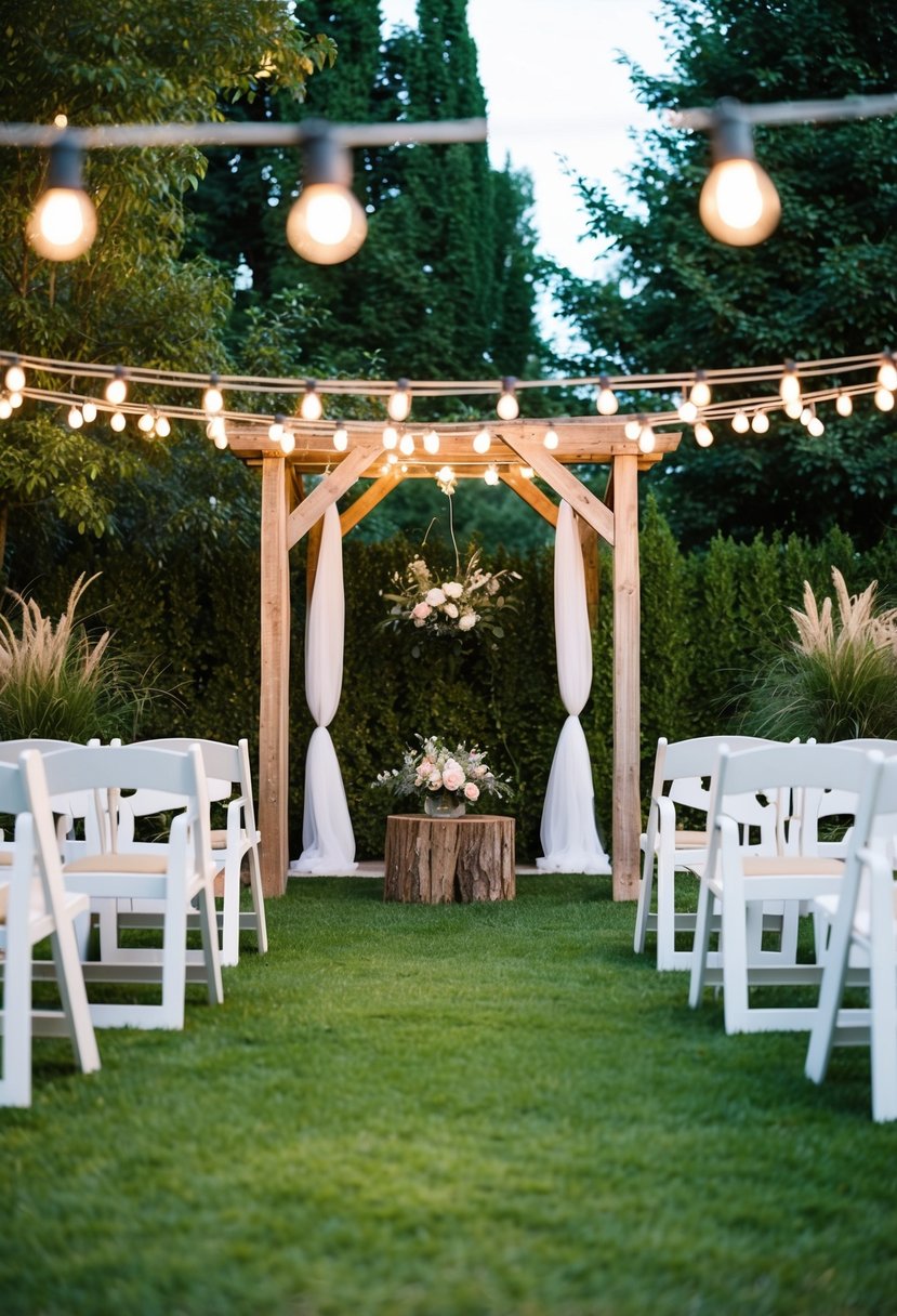 A cozy outdoor garden with string lights, a rustic wooden arch, and comfortable seating for an intimate small wedding