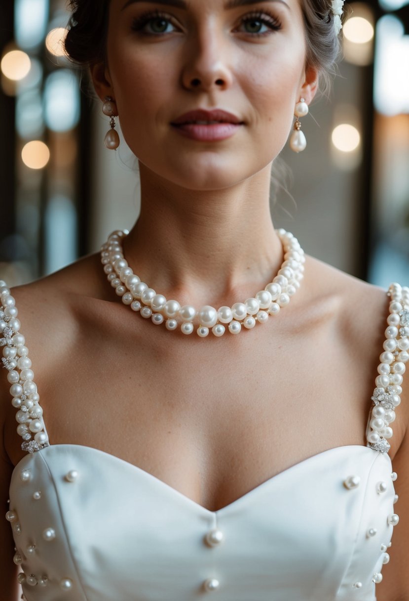 A square neck wedding dress adorned with timeless pearl studs