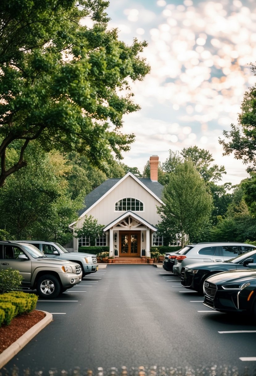 A quaint venue with ample parking surrounded by trees and a charming garden