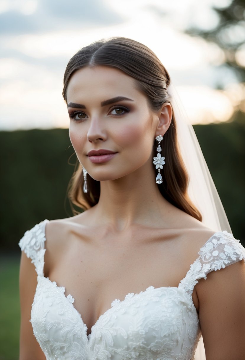 A square-neck wedding dress with drop earrings, elongating the neckline