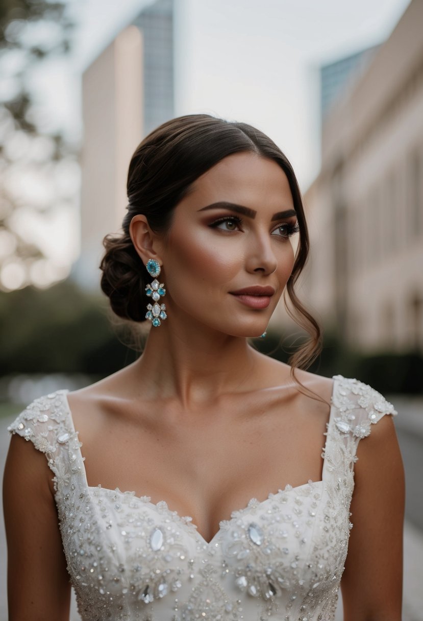 A square-neck wedding dress with gemstone cluster earrings for a pop of color