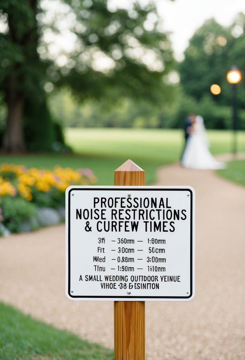 A serene outdoor setting with a sign displaying noise restrictions and curfew times for a small wedding venue