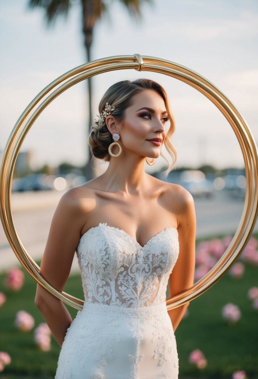 A square-neck wedding dress adorned with statement gold hoops for a modern touch