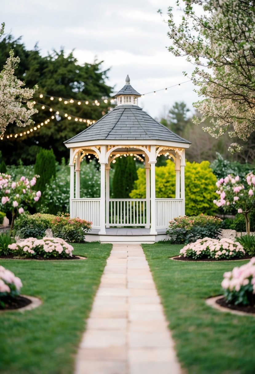 A serene garden with a charming gazebo, surrounded by blooming flowers and twinkling lights, offers an ideal setting for a small wedding