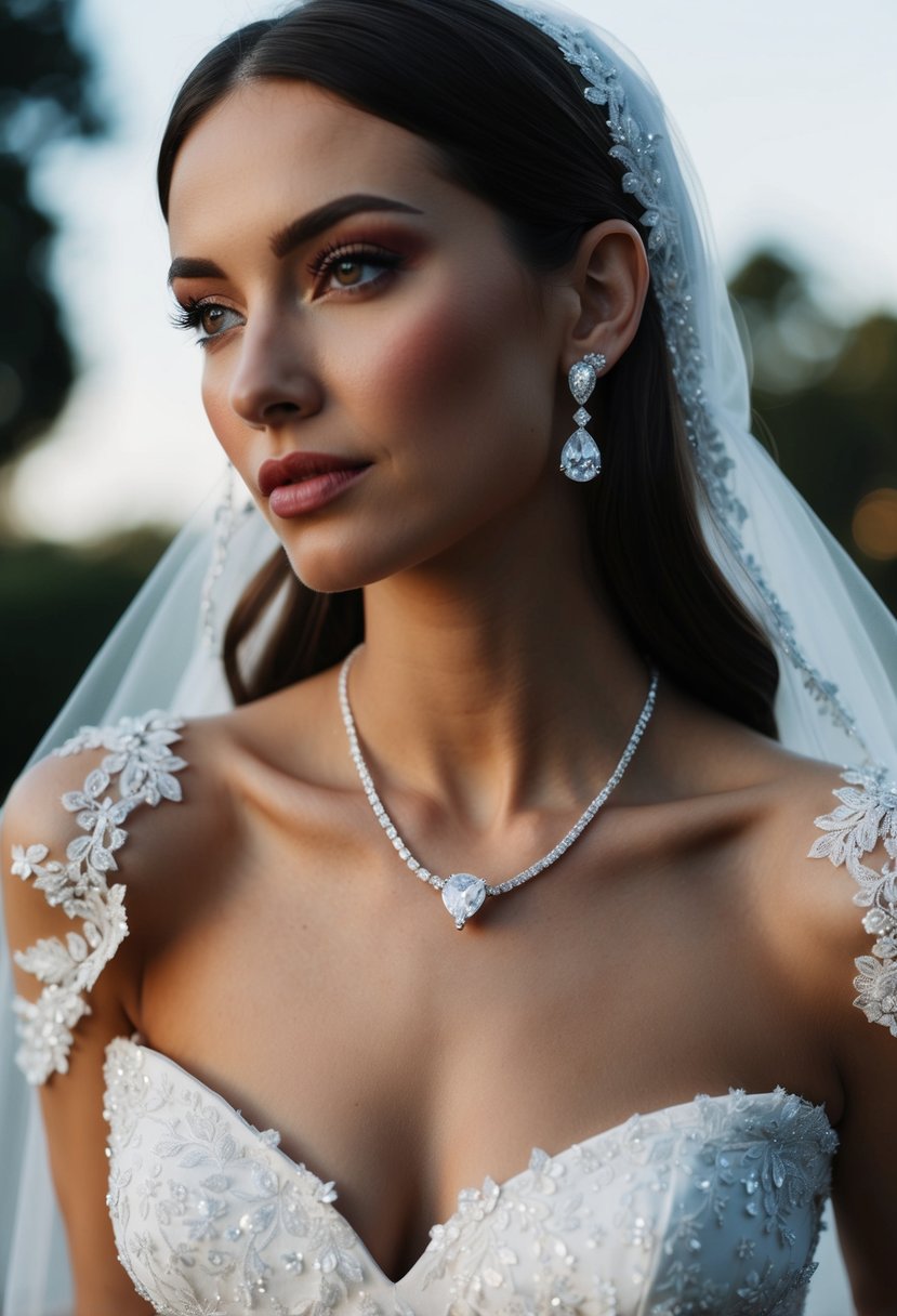 A square neck wedding dress adorned with diamond solitaire earrings for classic refinement