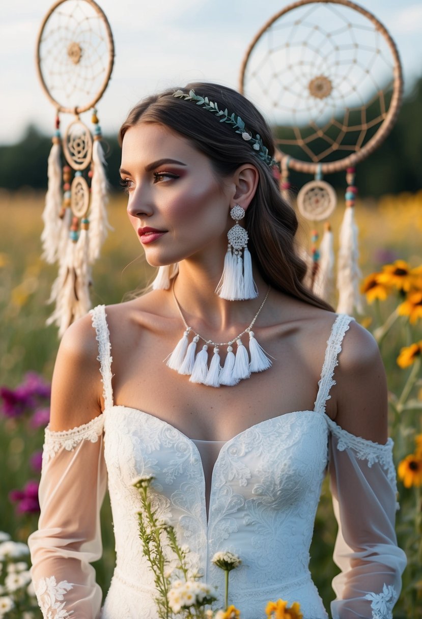 A square neck wedding dress adorned with tassel earrings, set against a bohemian backdrop of dreamcatchers and wildflowers