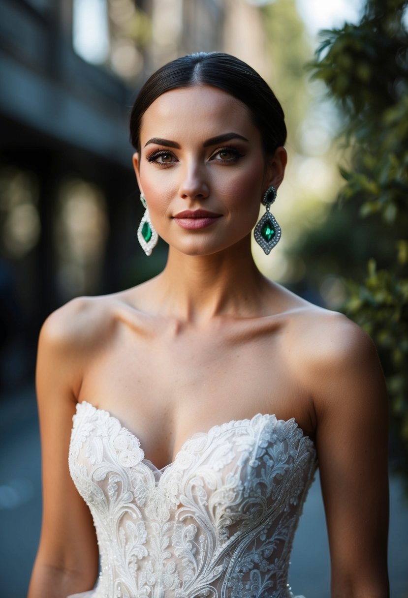 A square-neck wedding dress with emerald earrings, exuding luxury