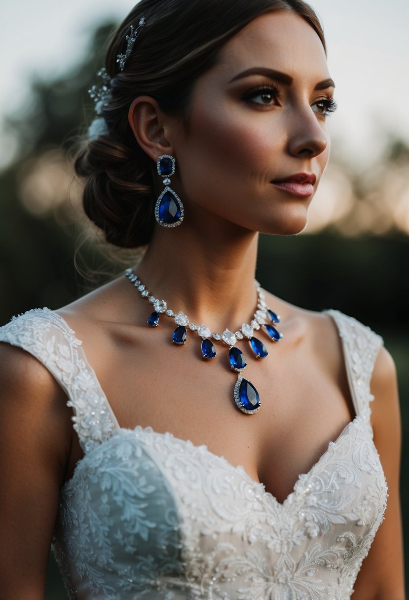 A square neck wedding dress adorned with sapphire drop earrings