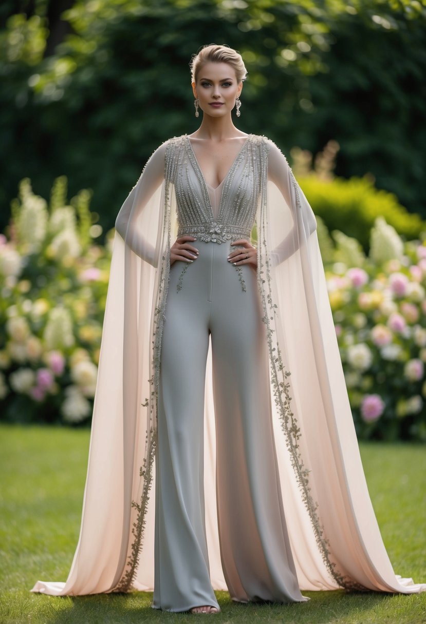 A flowing caped jumpsuit in soft crepe, adorned with delicate lace and intricate beading, set against a backdrop of lush greenery and blooming flowers