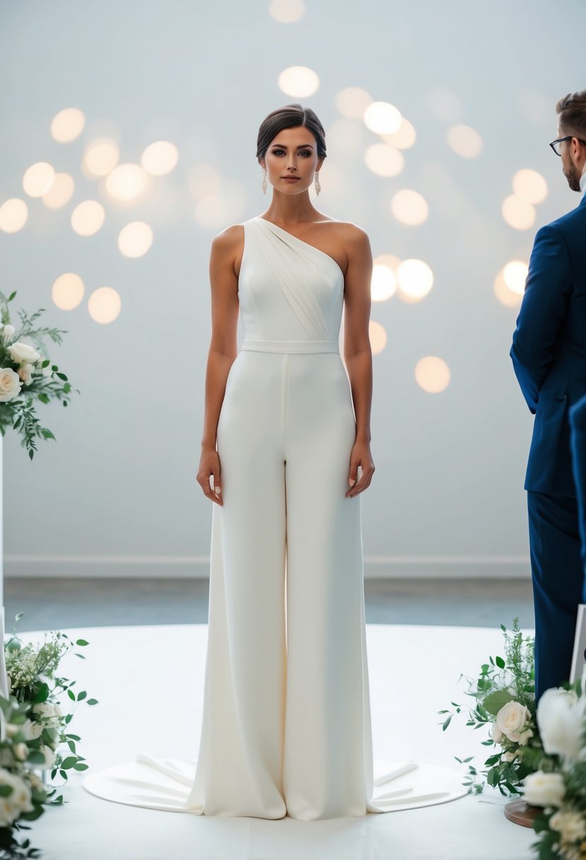 A bride wearing a one-shoulder crepe jumpsuit stands in a modern, minimalist wedding ceremony setting