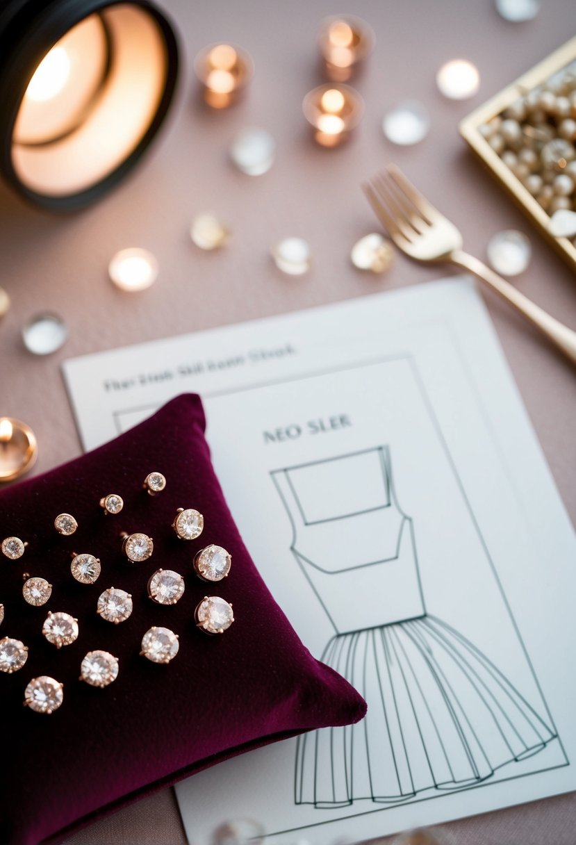 Rose gold studs arranged on a velvet cushion next to a square neck wedding dress sketch