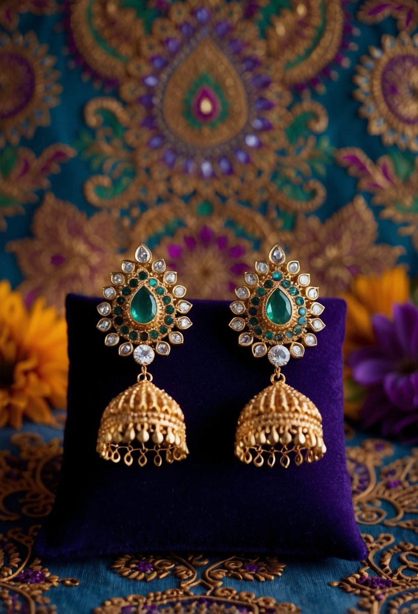 A pair of ornate gold and gemstone earrings displayed on a velvet cushion, surrounded by intricate henna designs and vibrant floral patterns