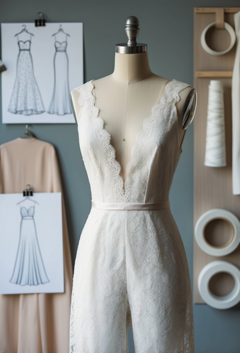 A lace capelet jumpsuit on a mannequin, surrounded by wedding dress sketches and fabric swatches