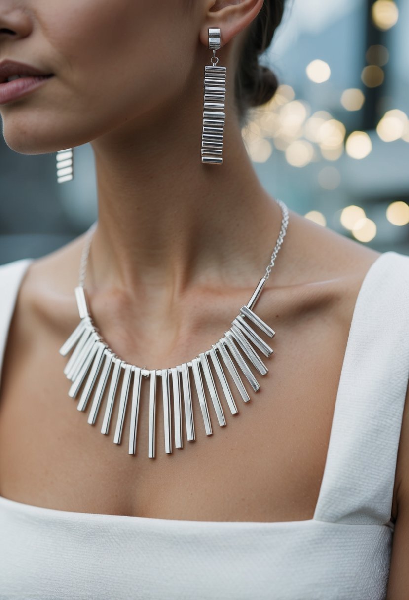 Sleek silver bars hang from minimalist square neck wedding dress, creating elegant earring ideas