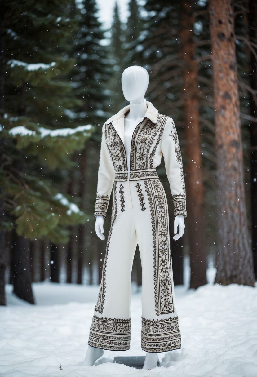 A snowy forest clearing with a mannequin wearing an intricately embroidered winter jumpsuit, surrounded by pine trees and falling snowflakes