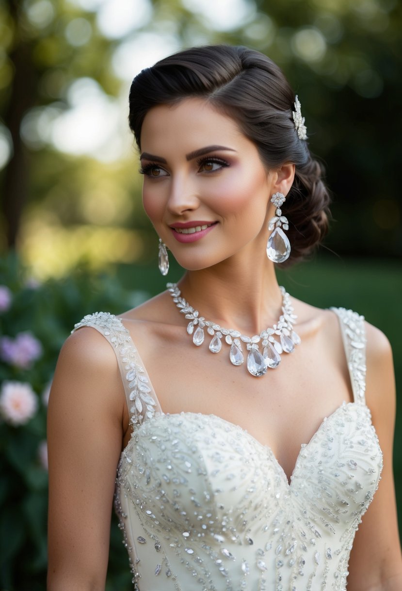 Crystal teardrops adorn square neck wedding dress, paired with elegant earrings for a glamorous bridal look