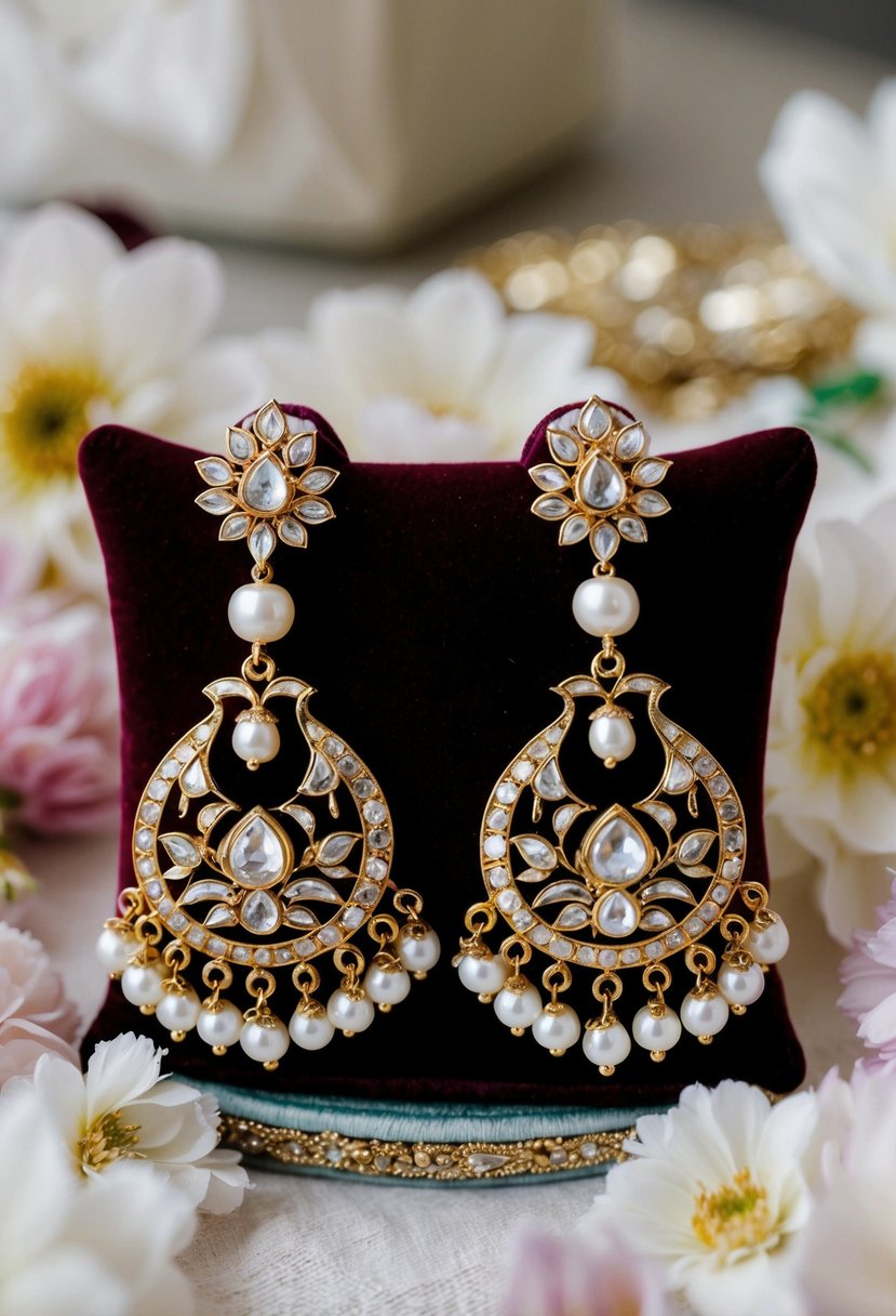 A pair of intricate pearl and gold Chandbali earrings displayed on a velvet cushion, surrounded by delicate floral motifs