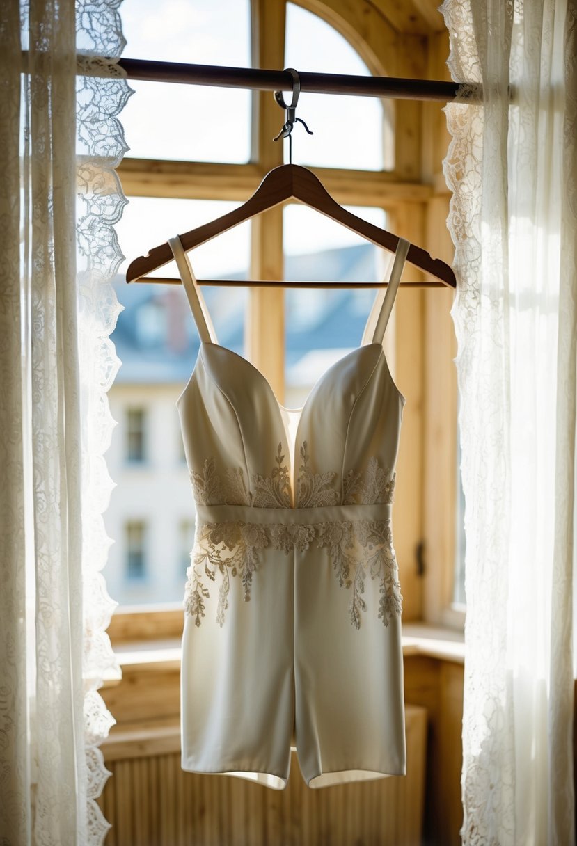 A bare-shouldered bridal jumpsuit hanging on a vintage wooden hanger in a sunlit room with lace curtains