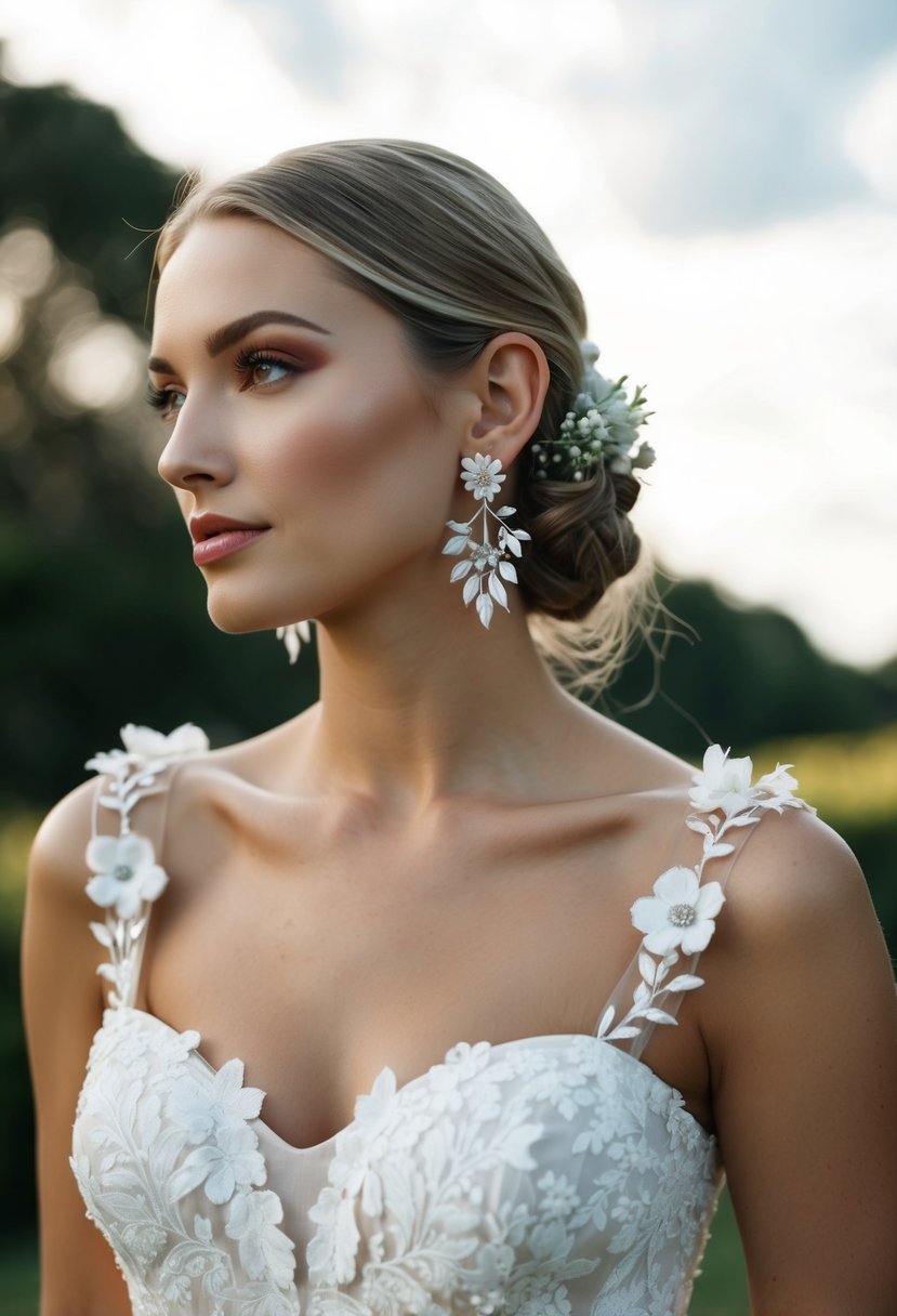 A square neck wedding dress adorned with floral motifs, paired with delicate earrings inspired by nature