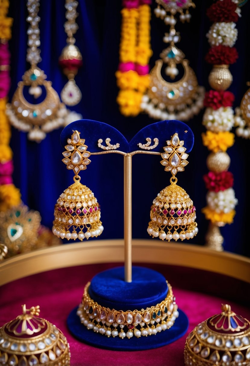 A pair of intricate Kundan Jhumka earrings on a velvet jewelry display, surrounded by vibrant Pakistani wedding decor