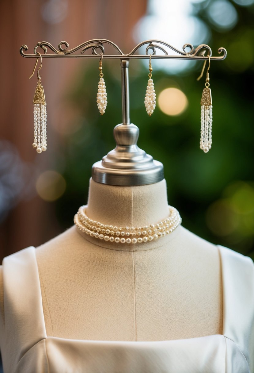 A vintage square-neck wedding dress with beaded earrings dangling from a jewelry stand