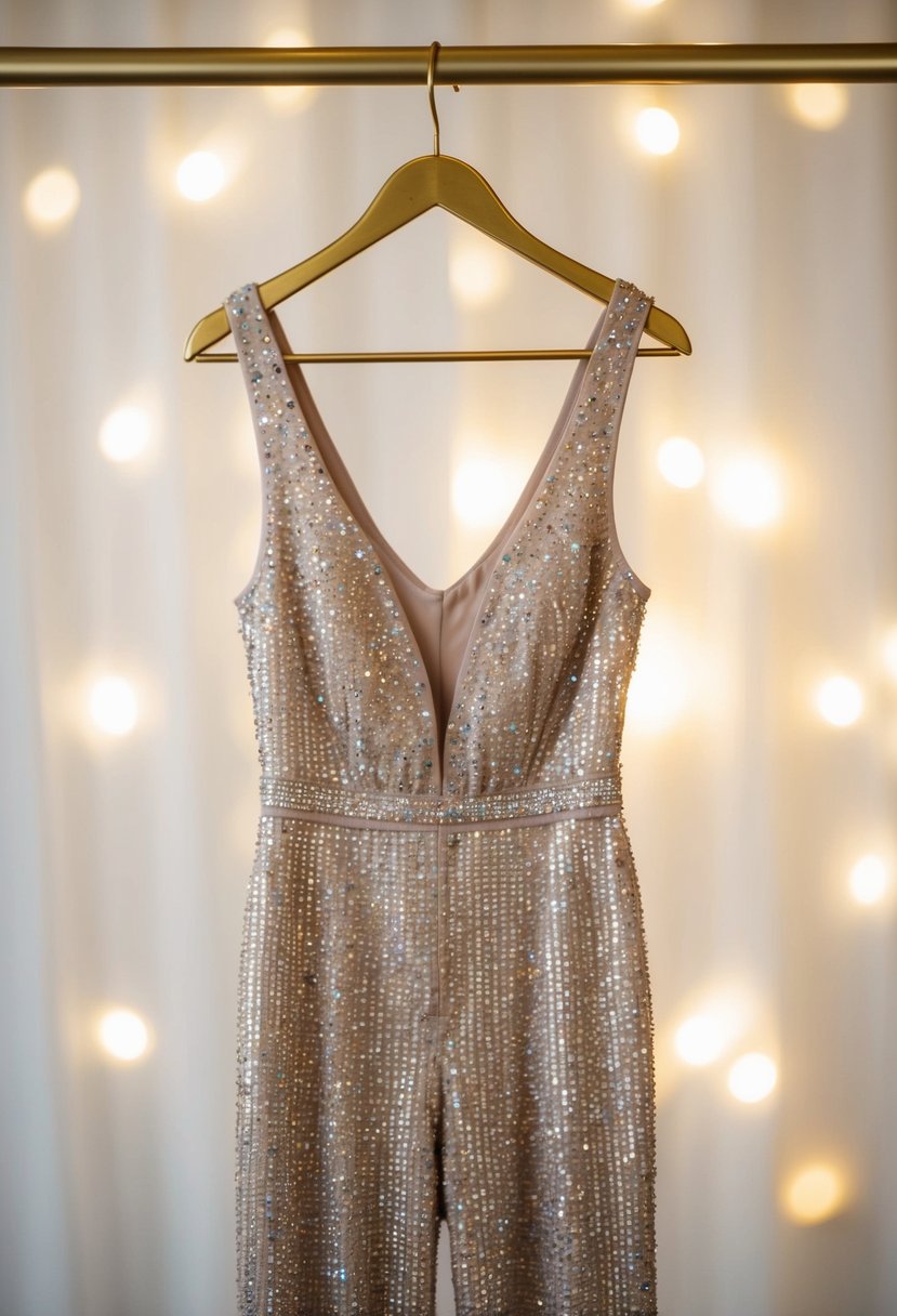 A shimmering jumpsuit adorned with sparkling embellishments hangs from a golden hanger, set against a backdrop of soft, ethereal lighting